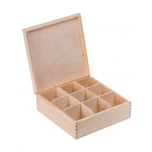 FK Dřevěná krabička na čaj s přihrádkami - 23x23x9 cm, Přírodní