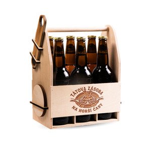 FK Dřevěný nosič na pivo s dřevěným otvírákem + 6ks kulatých podtácků - TÁTOVA ZÁSOBA NA HORŠÍ ČASY 32x26x16 cm, Přírodní