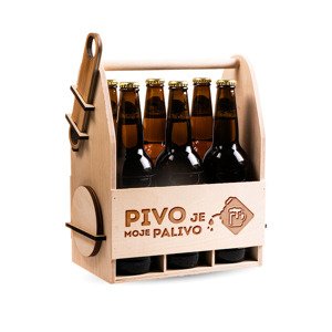 FK Dřevěný nosič na pivo s dřevěným otvírákem + 6ks kulatých podtácků - PIVO JE MOJE PALIVO 32x26x16 cm, Přírodní