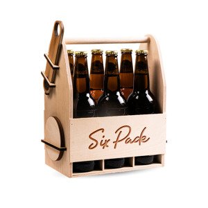 FK Dřevěný nosič na pivo s dřevěným otvírákem + 6ks kulatých podtácků - SIX PACK 32x26x16 cm, Přírodní