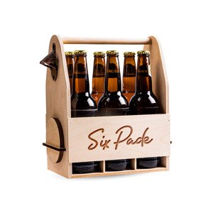 FK Dřevěný nosič na pivo s celokovovým otvírákem + 6ks kulatých podtácků - SIX PACK 32x26x16 cm, Přírodní