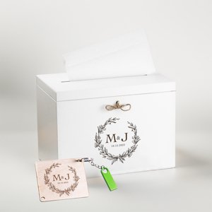 FK Dřevěný box na svatební přání na klíč, Bílá + klíčenka s kovovým mini USB flash diskem 16 GB