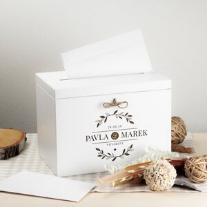 FK Dřevěný svatební box se zámkem na přání novomanželům s iniciály (10) - Velikost L, Bílá